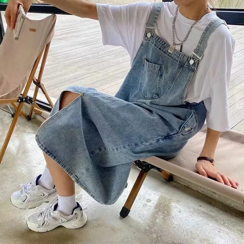 New Irregular Split Cowboy Denim Dress Women Sleeveless Jeans Dresses Fashion Female Solid Casual Loose Strap Dresses