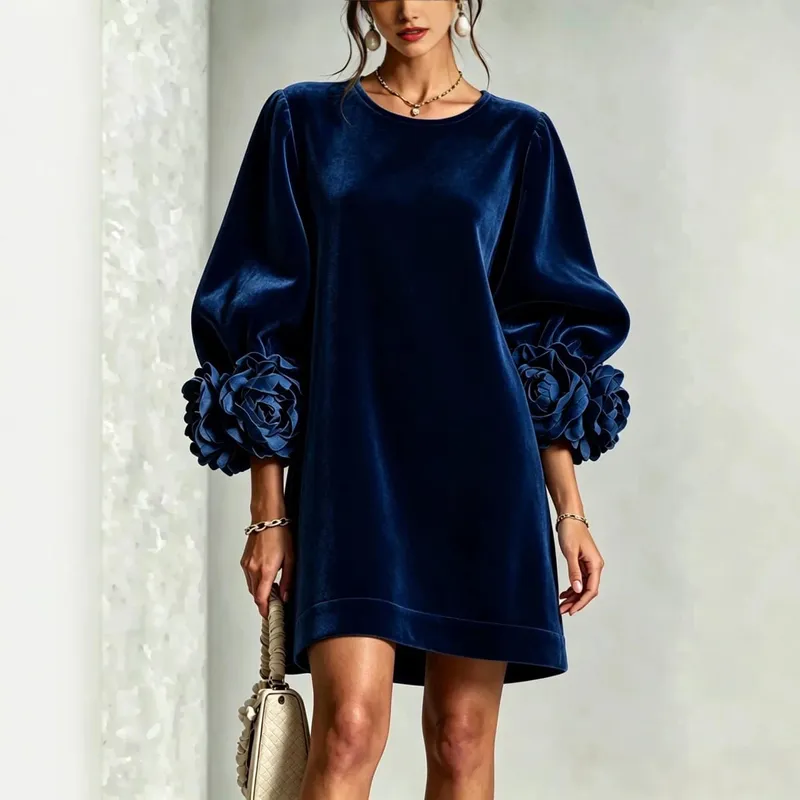 Autumn Winter Women Velvet Mini Dress O Neck Puff Long Sleeve 3D Flower Cuff Decor Loose Casual Hot Hit Fashion Short Dresses