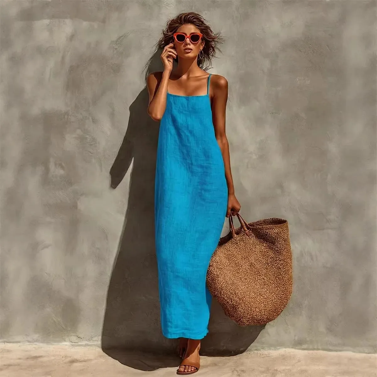Summer Women Solid Color Casual Comfortable Slip Sundress Sand Beachwear Backless Sleeveless Loose Maxi Long Vacation Dresses — image 2