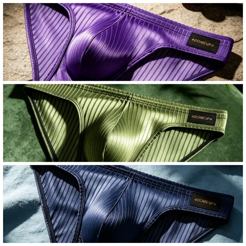 Mens Briefs Vertical Stripe Shiny Fabric U Convex Pouch Low Waist Elastic Waistband Breathable Male Underwear DP922