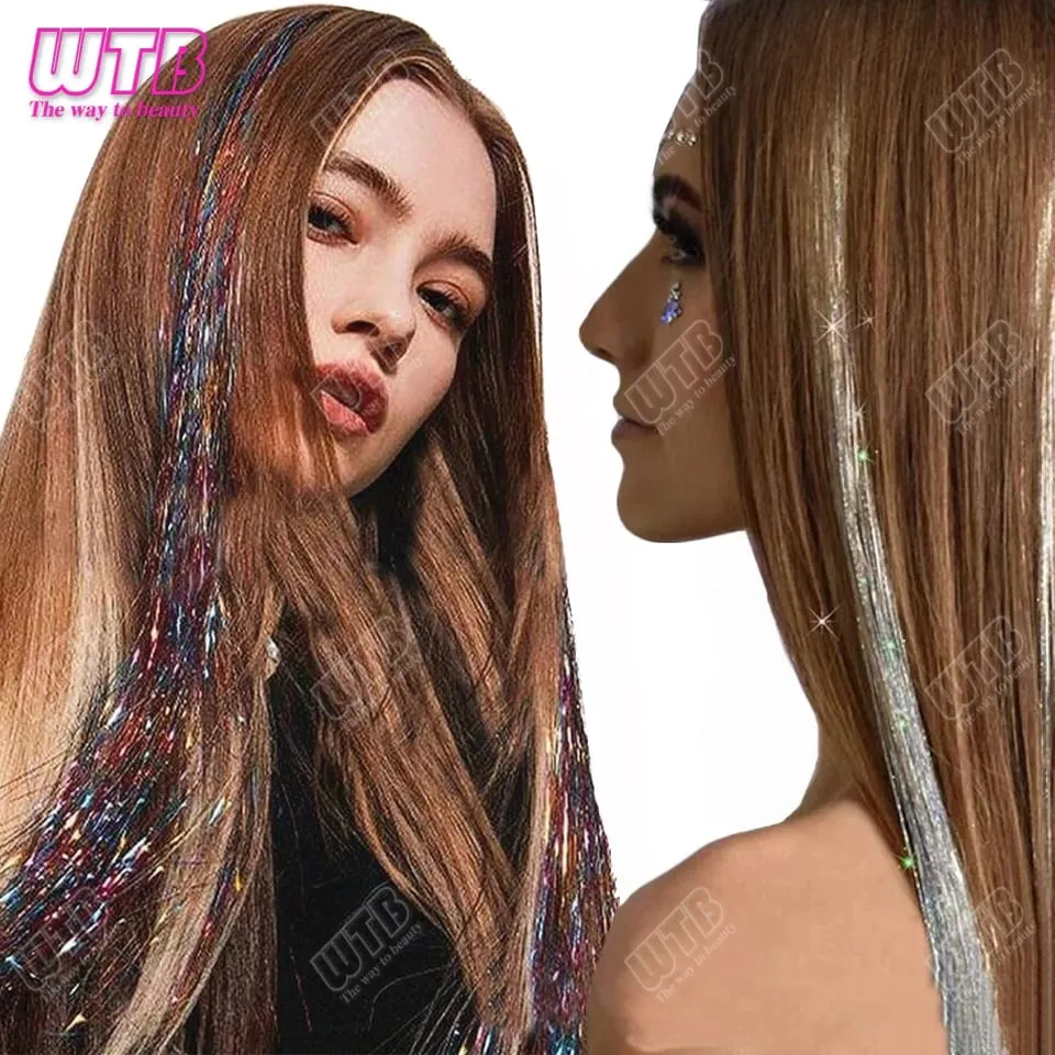 Tinsel Clip In 20Inch Glitter Tinsel Hair Extensions Clip In Hair Tinsel Kit Heat Resistant Shiny Sparkle Fairy Hair Accessories