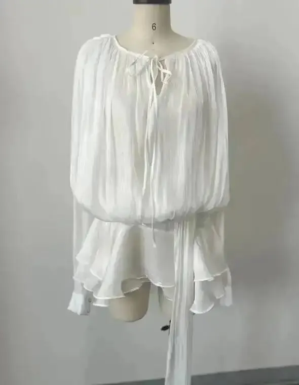 2026 New Summer Fashion Women Clothes Round Neck Lantern Sleeves Satin Short Dress With Shorts Under Two Pieces Set