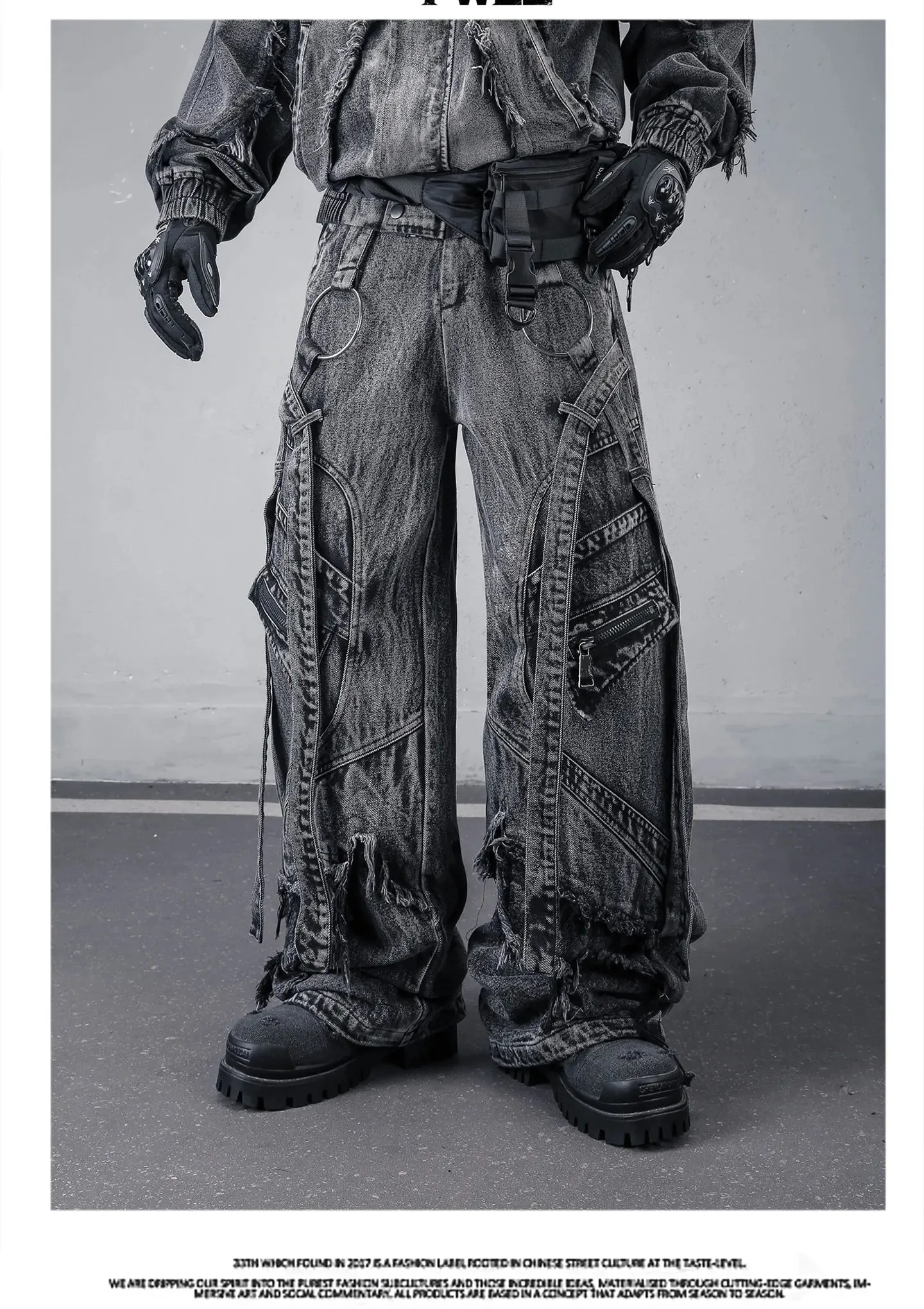 Deconstructed Straps Washed Vintage Cargo Jeans Man Woman Techwear Wasteland Style Wide Leg Tactical Baggy Pants Street Wear
