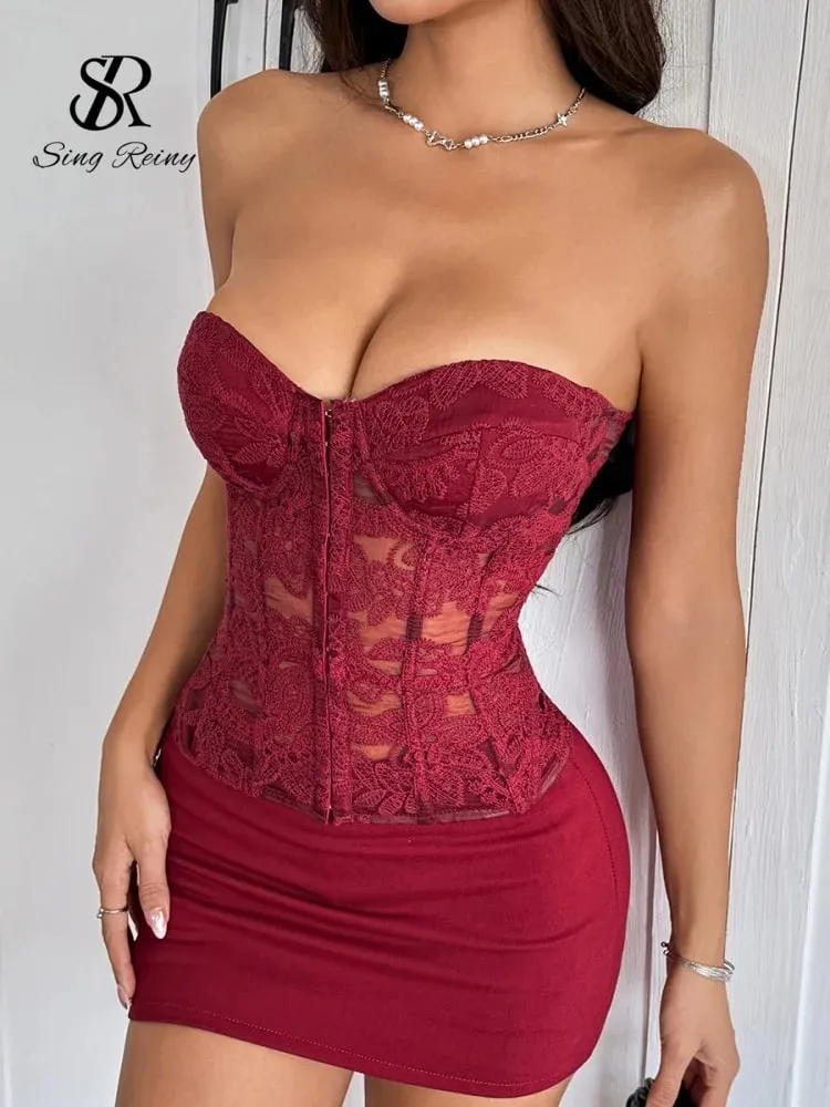 Floral Embroidery Sexy Club Top Female Strapless Slim Corset Backless Tank Top French Lace Up Basics Sheer Camisole