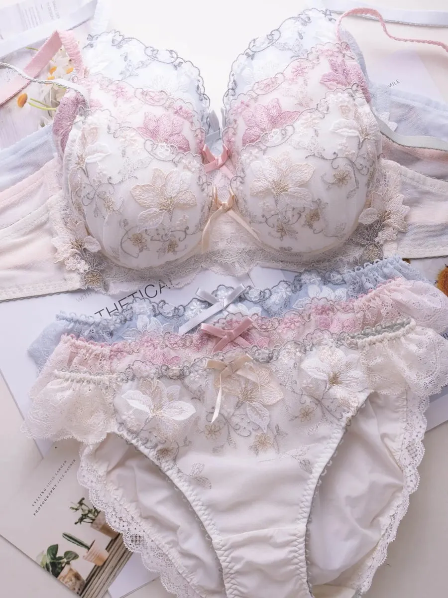 Japanese-style sweet lingerie set thin embroidered shallow cup disc type 2 bra set