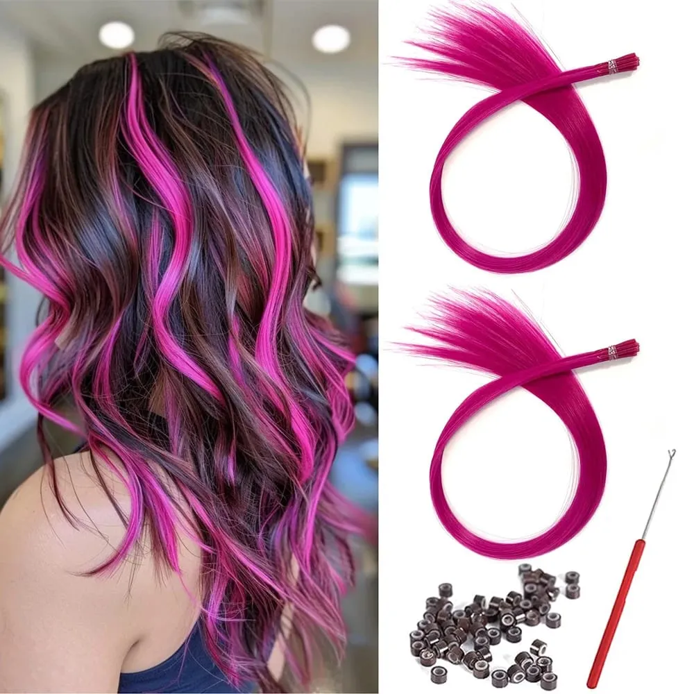 20 Strands Synthetic I-Tip Fusion Hair Extensions Party Colors 16" Straight Heat Resistant Highlight Feather Hairpieces Festival