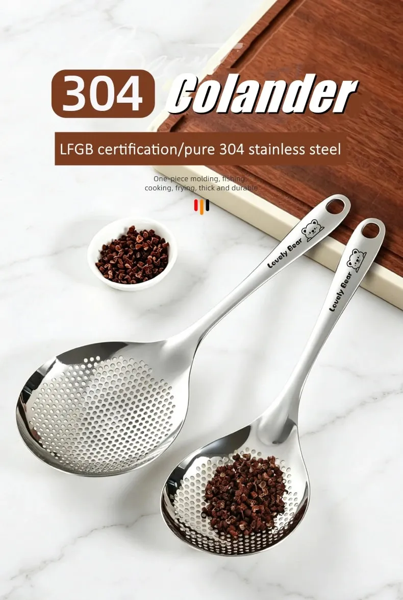 LFGB Certified Pure 304 Stainless Steel Kitchen Cooking Colander Ultra Thick 33cm Handle 12.5cm Head Sieve for Potato Frying