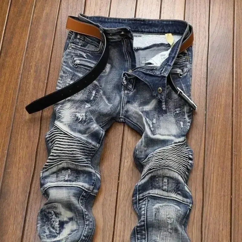 Spring and Autumn 2026 Men's Ripped Jeans Men's Trendy Brand Retro Old Splicing Slim Pants Korean Beggar Motorcycle Pants Men