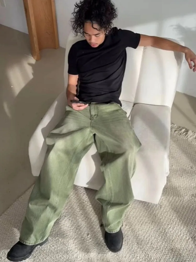 Mens Jeans Matcha Green Washed Gradient Denim Pants Harajuku Unisex Loose Fit Straight Leg Wide Leg Casual Streetwear Fashion