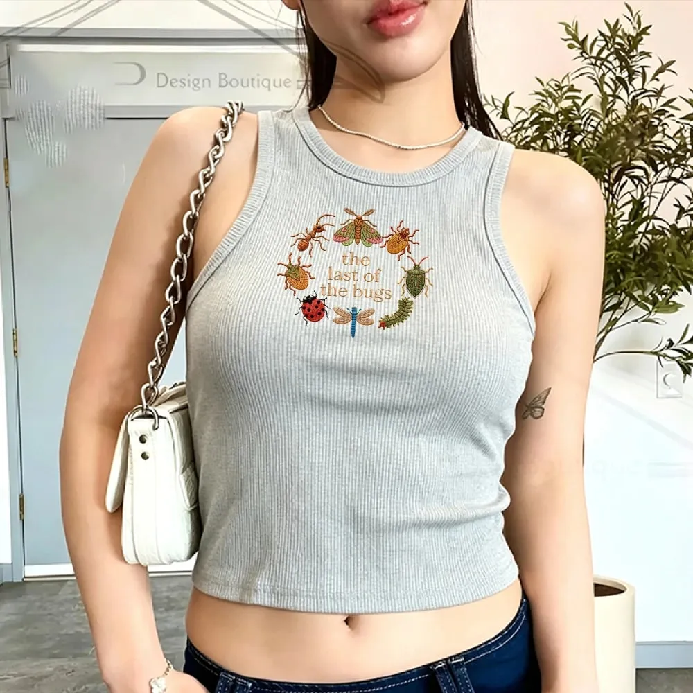 Cropped Ribbed Faux Embroidery Tee Shirt Y2K Cottagecore Insect Bug Print Vest Tank Top Summer Minimal Nature Gift for Her Lady