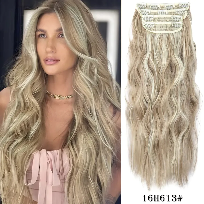 Clipe sintético longo ondulado feminino de alta temperatura, extensão de cabelo sintético, 4 peças, clipe longo, macio, ondas glam, grosso