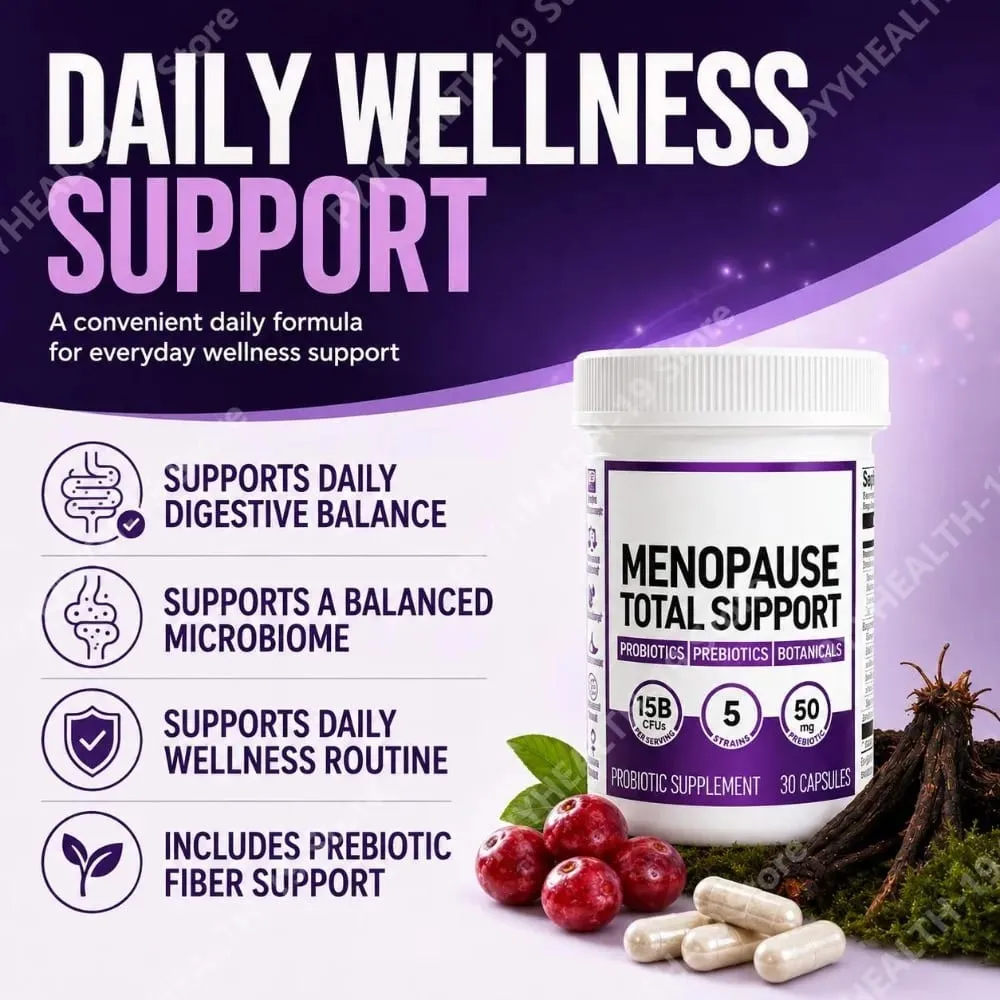 Menopause Total Support Probiotic Capsules 15 Billion CFU 5 Strains Prebiotic For Digestive Microbiome Wellness Adult 30 Count