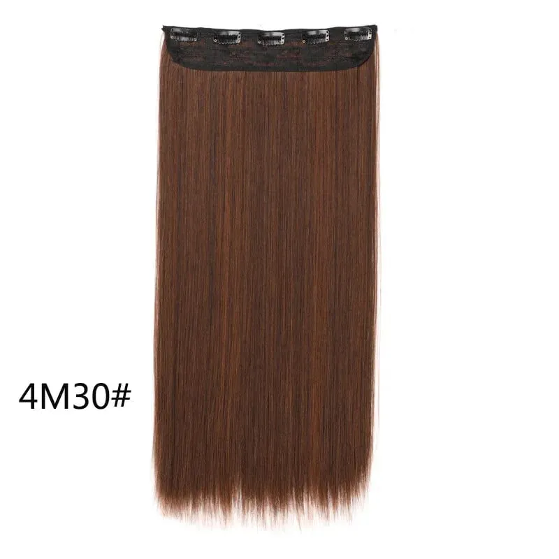 Grampo longo e reto sintético de 24 polegadas, extensão de cabelo de uma peça, 5 clipes, cabelo falso loiro, marrom, preto, resistente ao calor