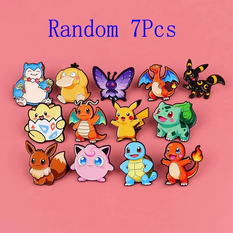 Random 7Pcs Anime Pokemon Monsters Enamel Pins Creative Elf Pikachu Psyduck Bulbasaur Squirtle Brooch Lapel Badge Cosplay Gift