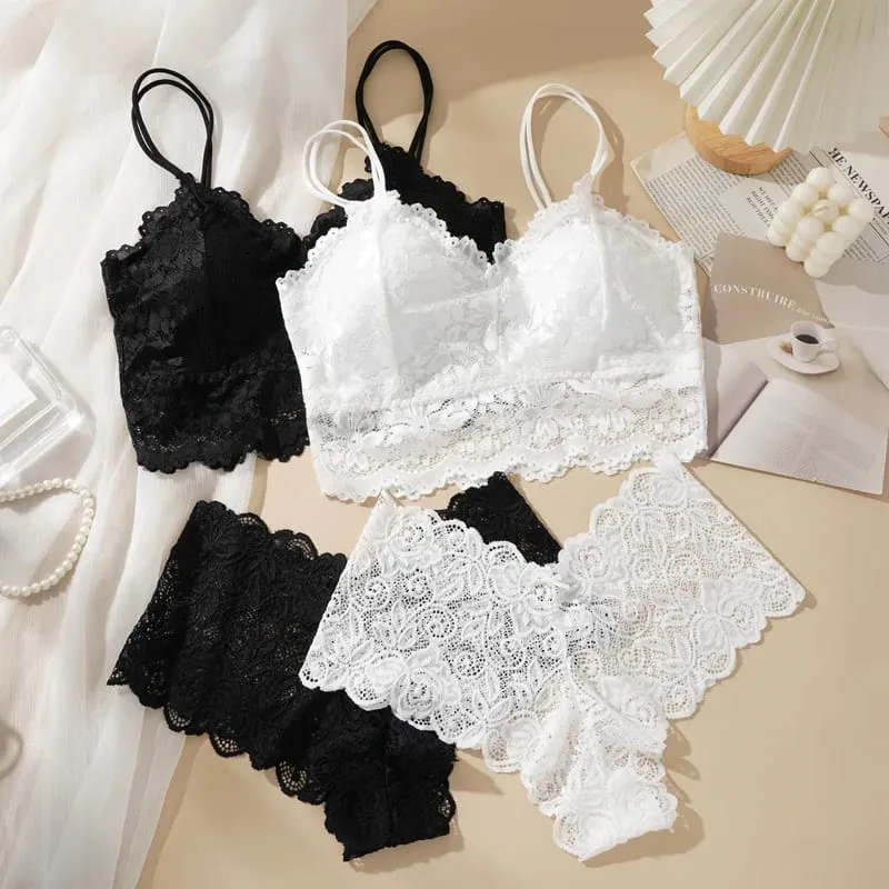 Women's Lace Bra & Panty Set – Sexy Back Hollow Out Wireless & Breathable Floral Underwear No Steel Ring Comfort