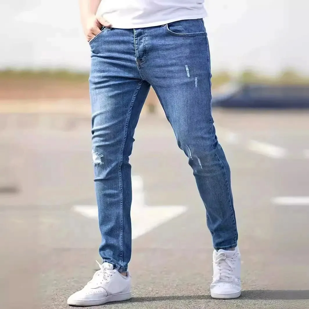 Men's American Retro Hole-Punched Stretch Slim Fit Jeans Zipper Casual Streetwear Denim Pants Classic Black Blue Skinny Trousers — image 11