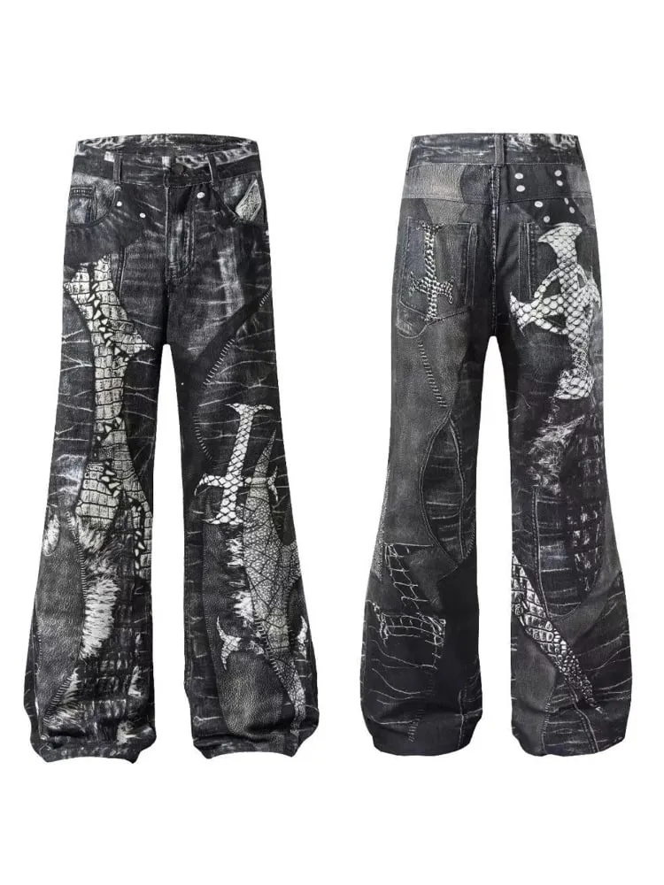 Men's Gothic Crocodile Snake Print Wide Leg Jeans Vintage Washed Denim Pants Streetwear Fashion Loose Straight Fit Trousers