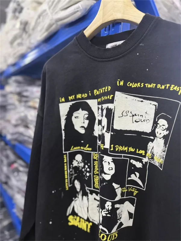 Autumn Winter New Saint Graffiti Print Vintage Washed High Street Casual Loose Cotton Versatile Hoodie Trendy Sports Top Men