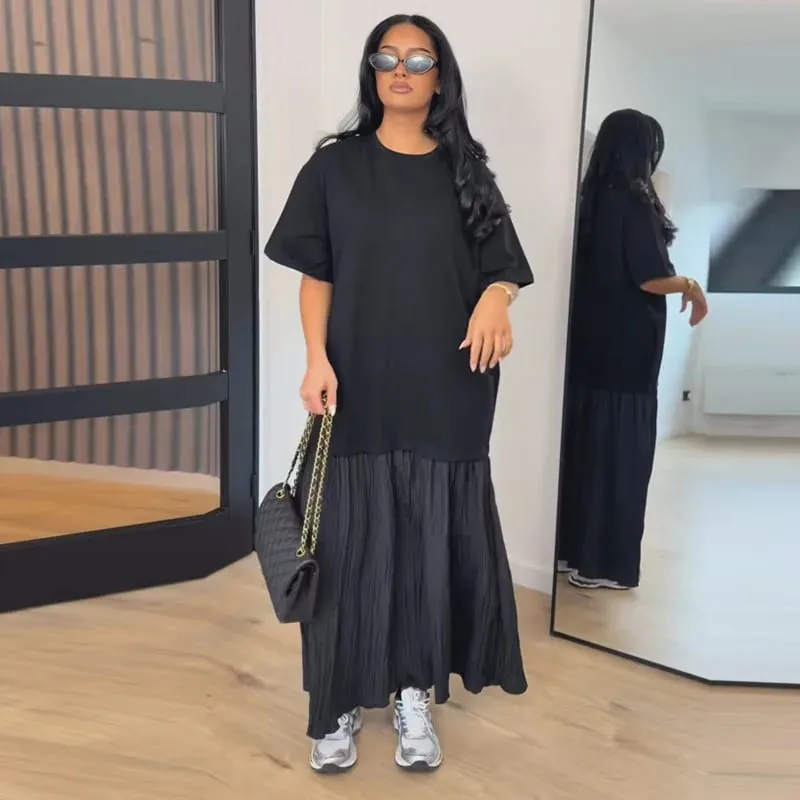 Fashion Patchwork Women Short Sleeve Dresses Casual O Neck Loose Female Solid Midi Dress 2026 Spring New Lady Long Robe Street