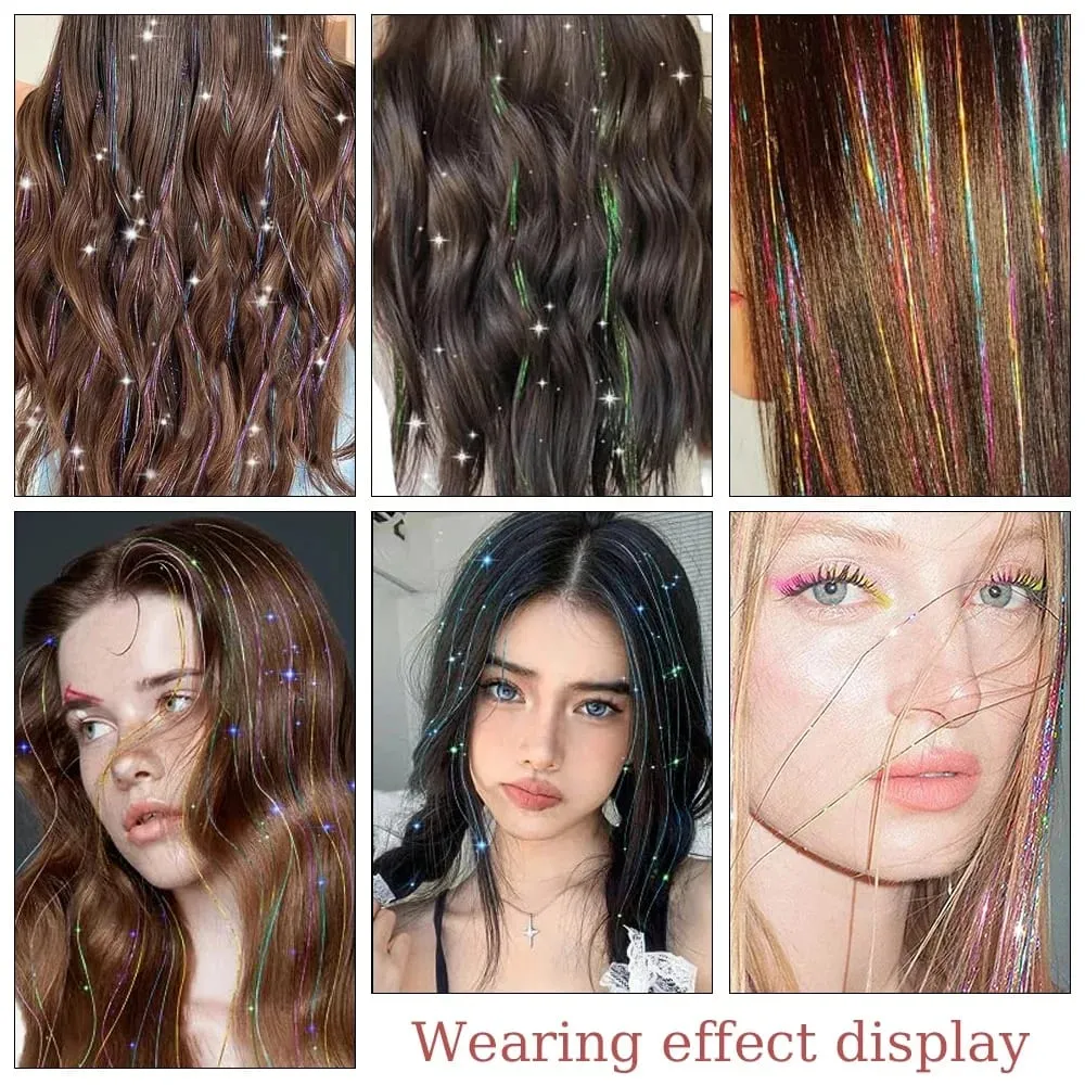 6Pcs Hair Tinsel Clip in Hair Extensions 20 Inch Synthetic Colorful Shiny Sparkle Glitter Tinsel Hair for Women Girls Cosplay