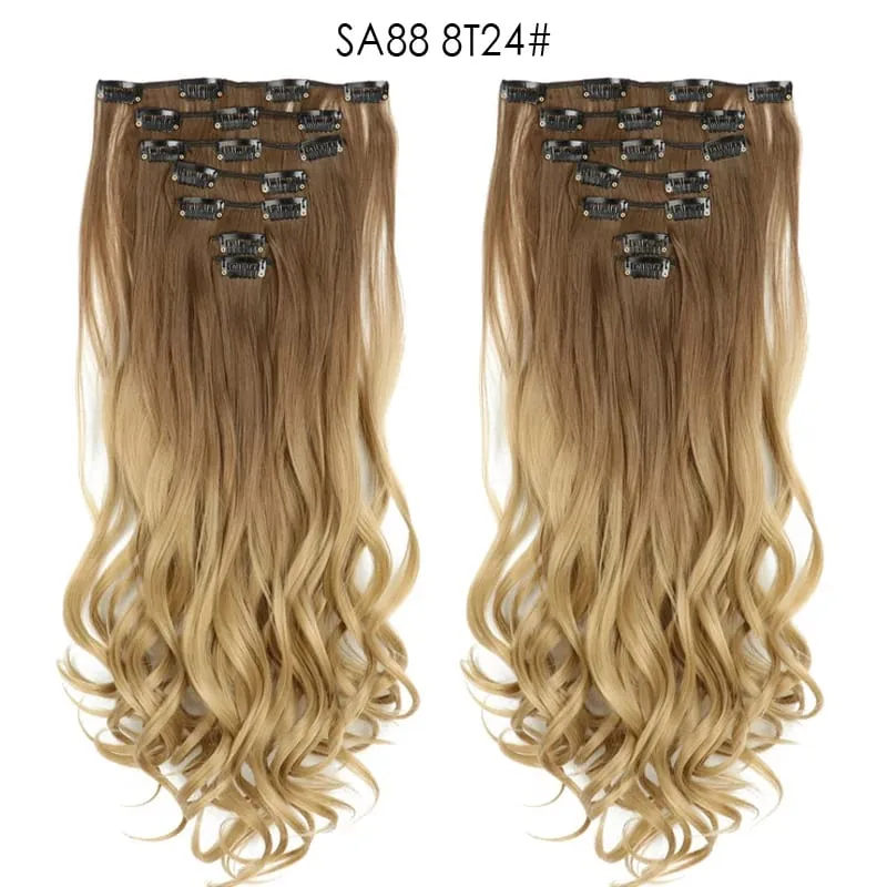 Clip in Long Wavy Synthetic Hair Extension 22 Inch 7PCS Thick Hairpieces Fiber Double Weft Hair for Women