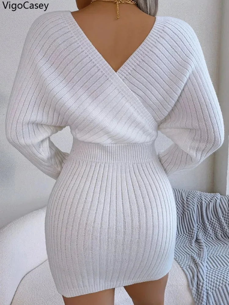 VigoCasey 2026 White Cross V Neck Short Knit Dress Spring Autumn Women Casual Long Sleeve Dress Sexy Lady Solid Knitted Dresses