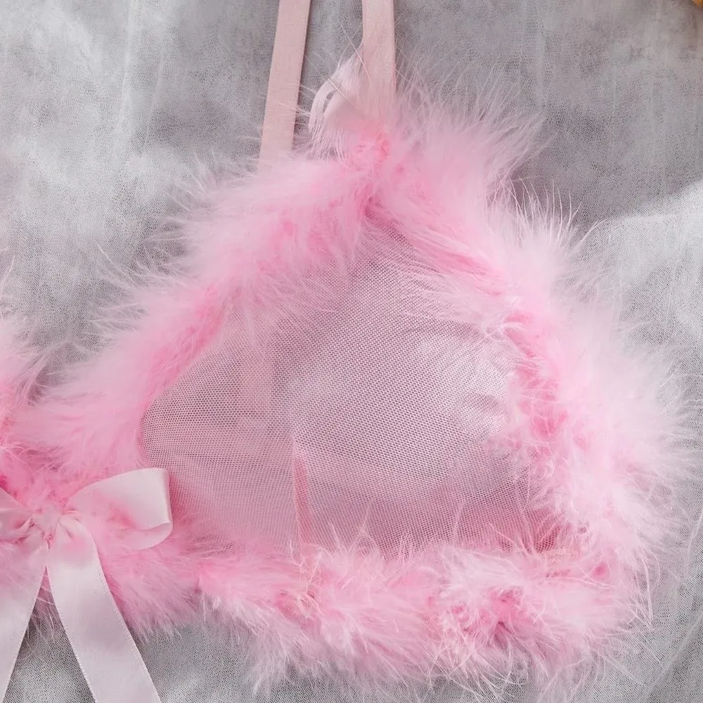 Furry Women's Underwear Mesh Transparent Bow Decor Lingerie Set Romantic Intimate Wireless Bra Panties Suit Valentine's Day