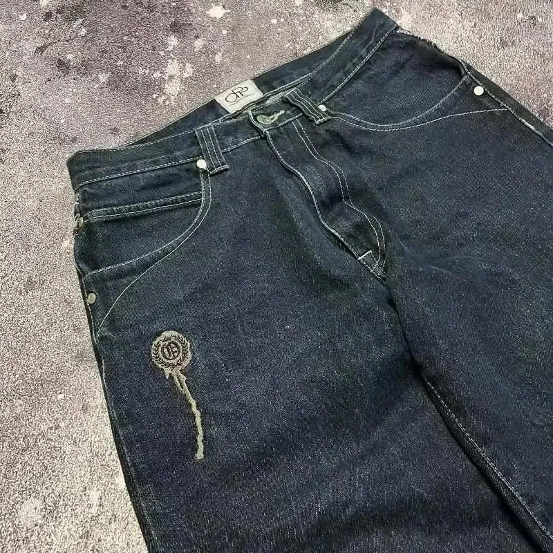American Y2K Hip Hop Fashion Trend Skull Embroidery Spot Jeans Men Street Loose Straight Wide-leg Pants Couple Oversized Jeans