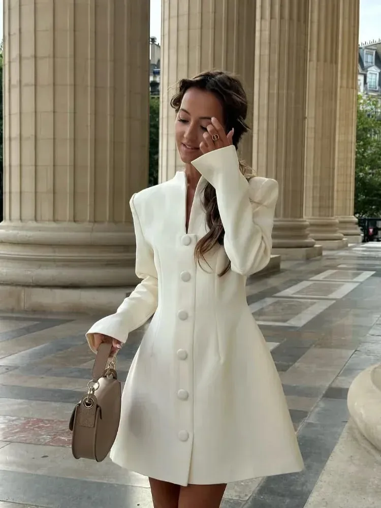 Solid Single-breasted A-lijn Mini-jurk 2026 Elegante vrouwen V-kraag Volledige mouw Hoge Taille Vestidos Lady Pendelen Straat jassen
