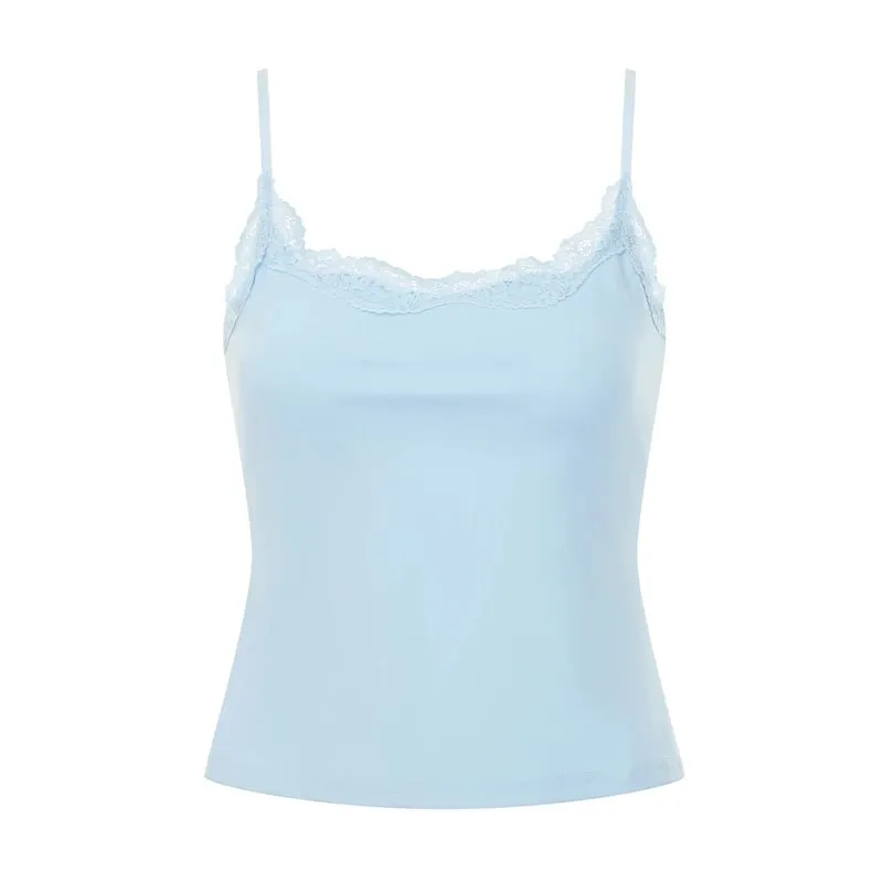 Women’s Lace Trim Pink Cami Vest Spaghetti Strap Sleeveless Slim Fit Tank Top Casual Summer Daily Wear Crop Tops Streetwear