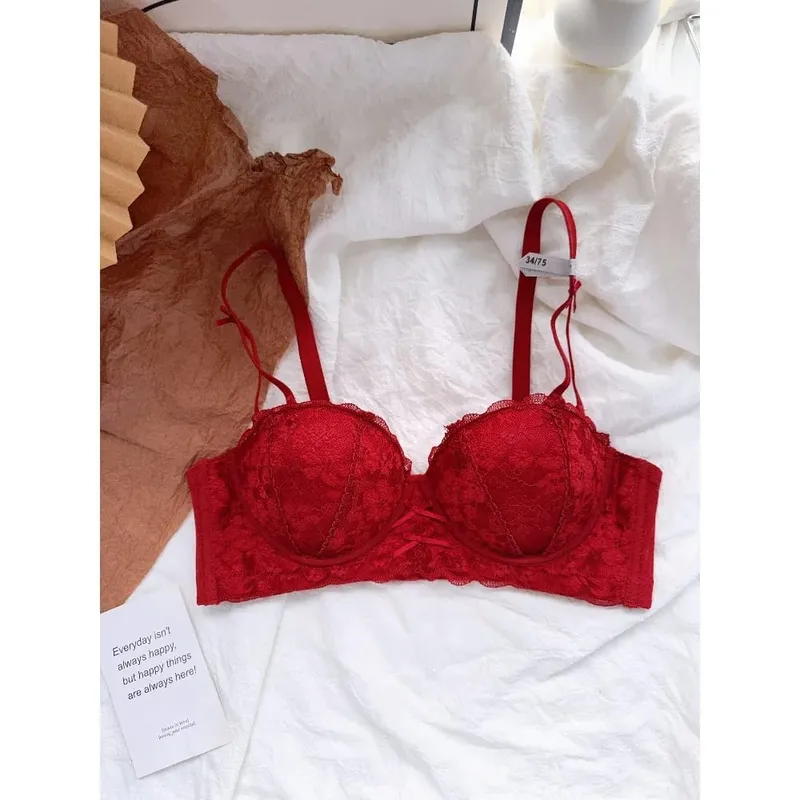 Sweet French Lace Women Bra Set Wire Free Push Up Lingerie Top Side Support Anti Sag Brassiere Panty Suit For Small Bust 32‑38