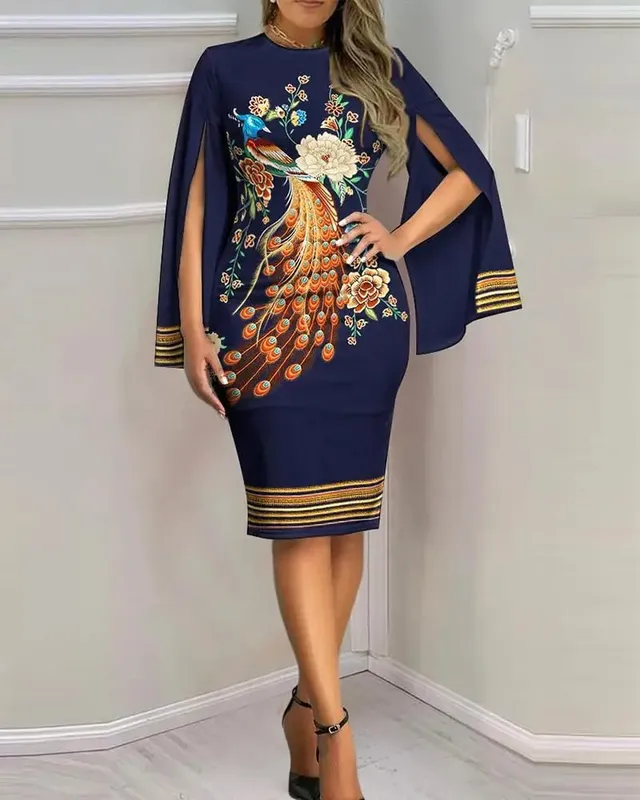 Women's Sunflower Print Midi Dress - Sexy V-Neck Bodycon Dress with Cape Sleeves for Summer Party