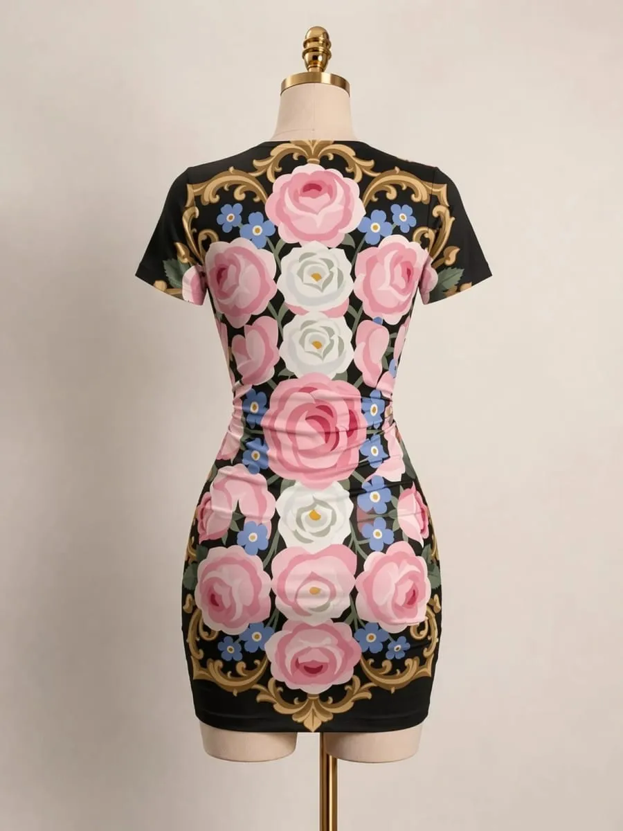Γυναικείο κοντό μανίκι Μίνι φόρεμα Bodycon Slim Fit Crew Neck Floral print Casual καλοκαιρινό πάρτι Χαριτωμένο κομψό, απαλό Sundress για διακοπές