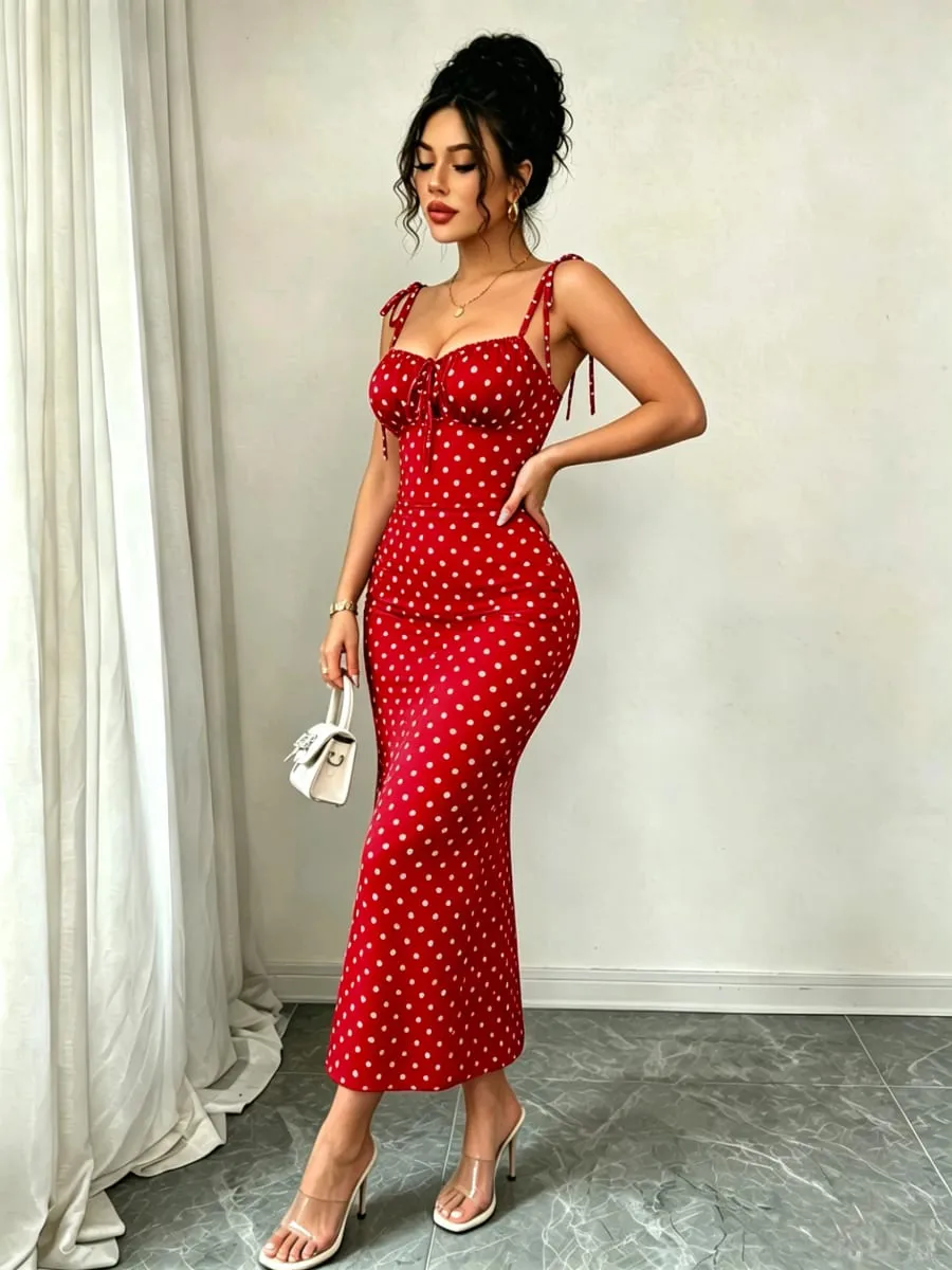 High-Elasticity Red Polka Dot Fishtail Skirt with Shoulder Straps + Chest Ruching for a Strong Waist Cinch Slim Fit Hip-Hugging Vintage Mid-Length Skirt