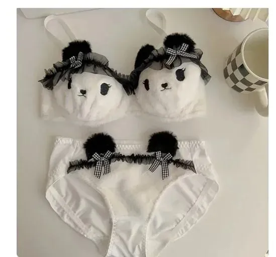 Cute Cat Paw Plush Lingerie Set for Women Warm Winter Bra & Panty with Ears Comfortable Kawaii Underwear