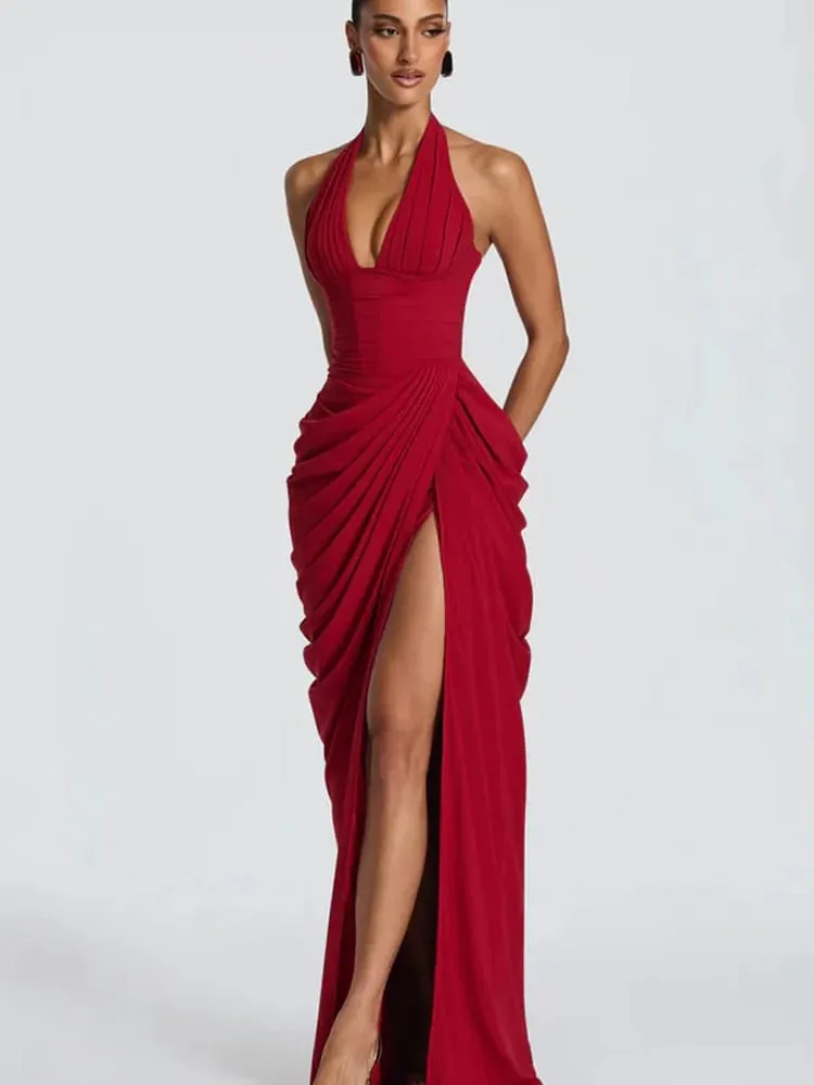 Sexy Solid Pleated Halter Women's Dress Fashion Sleeveless Backless Waist-cinching Split Maxi Dresses 2026 Summer Party Gowns