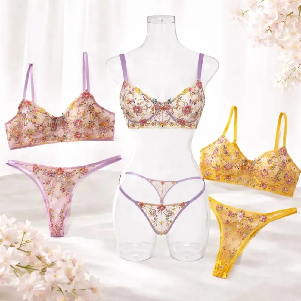 2-Piece Bohemia Floral Lingerie Set Sheer Embroidery Underwear Intimates Underwire Push-up Versatile Bra Panty Set For Lady Girl