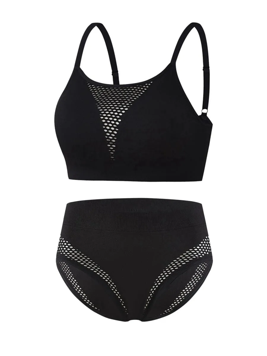Women Hollow Out Bra Set Sexy Briefs High Waist Panties Wire Free Bralette Sport Lingerie Female Underwear Set