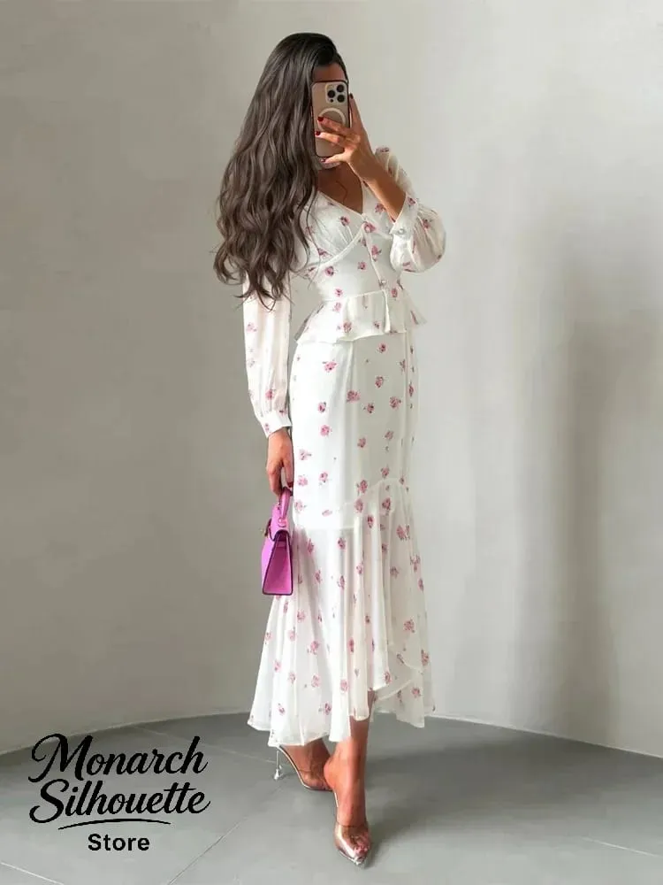 White Pink Floral Choker Neck Dress Women Elegant V-neck 3/4 Sleeves Peplum Ruffle Hem Long Dresses 2026 Lady Daily Vestidos New