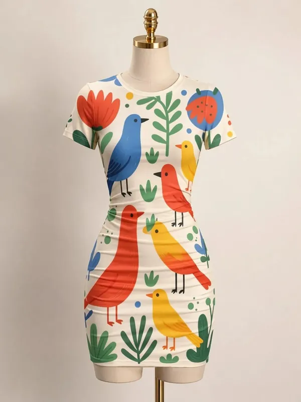 Womens Short Sleeve Bodycon Mini Dress Slim Fit Crew Neck Floral Print Casual Summer Party Flattering Lightweight Party Sundress
