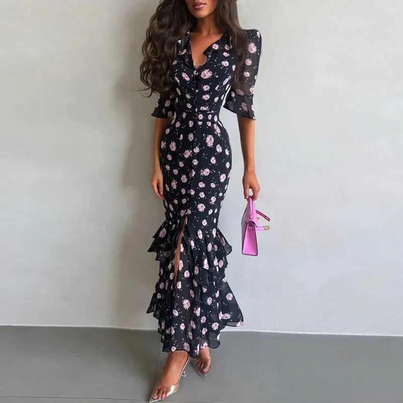 Organza Floral Printed Maxi Dress V-Neck Puff Sleeve 2026 Spring/Summer Romantic Women Party Gown Fashion Elegant Lady Vestidos