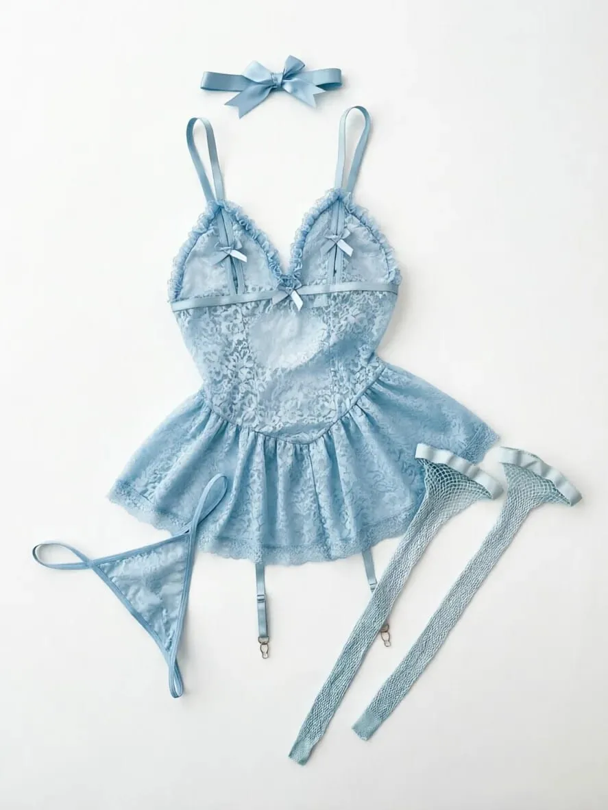 European And American Sensual Cute Girl Style Underwear Sexy Ultra Short See-Through Netting Gown Lingerie Set