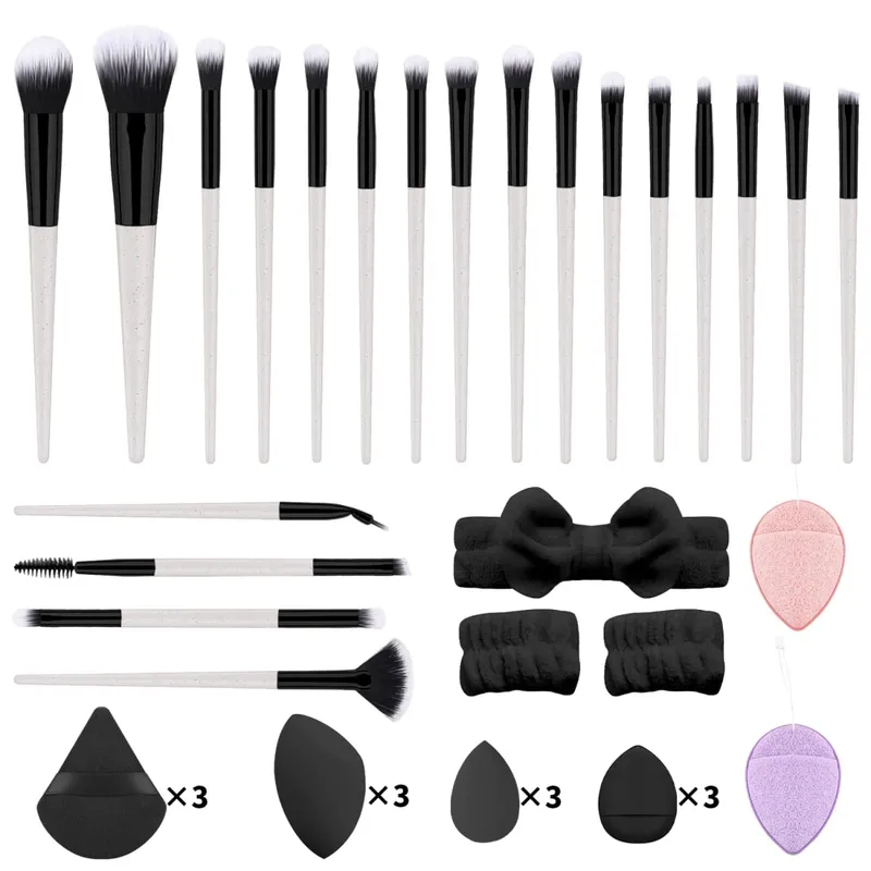 37Pcs Makeup Tool Kit 20Pcs Makeup Brushes With Hairband Wristband Powder Puff Facial Sponge