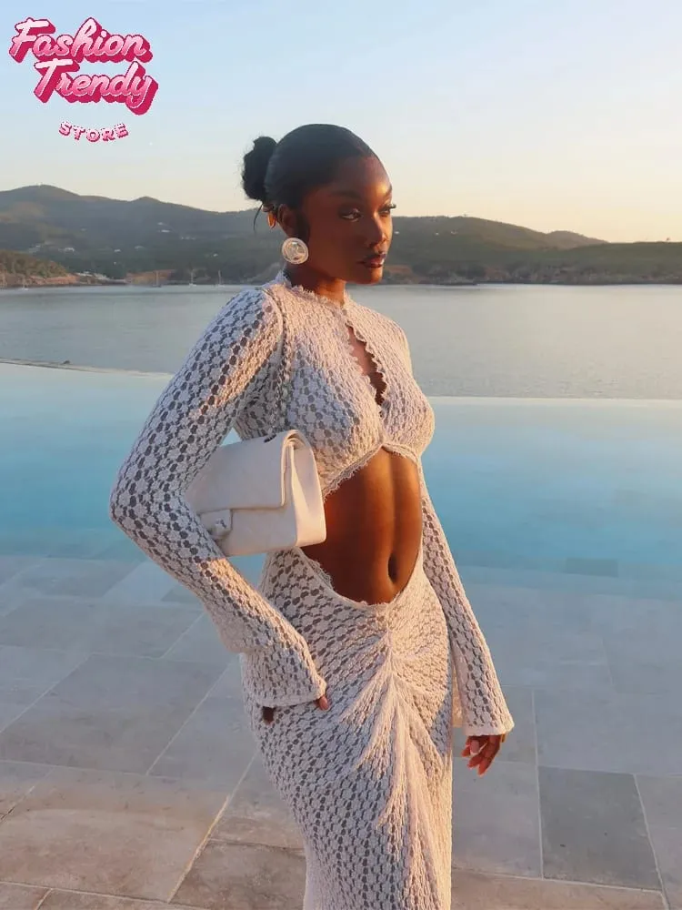 Fashion Hollowed-out Lace Patchwork Dress Women Solid O-neck Long Sleeve Pleated Bodycon Maxi Dresses Summer Lady Vacation Gown