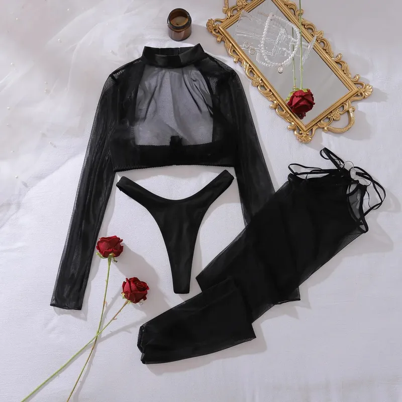 3PC Set Women's Sexy Ultra Hot Lingerie panties sets See Through Long Sleeve Top Brief with Stockings bra and panties underwear