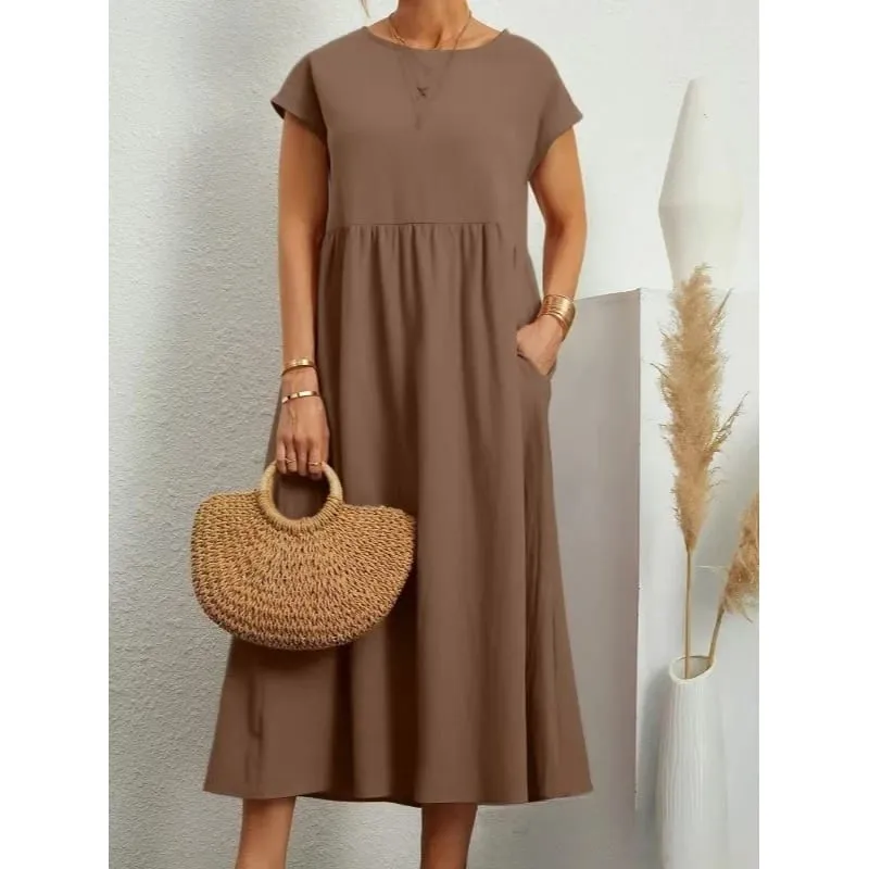 Premium Elegant Solid Cotton Linen Dress Summer Midi with Pockets Loose Fit Casual Crew Neck Short Sleeve for Beach Travel