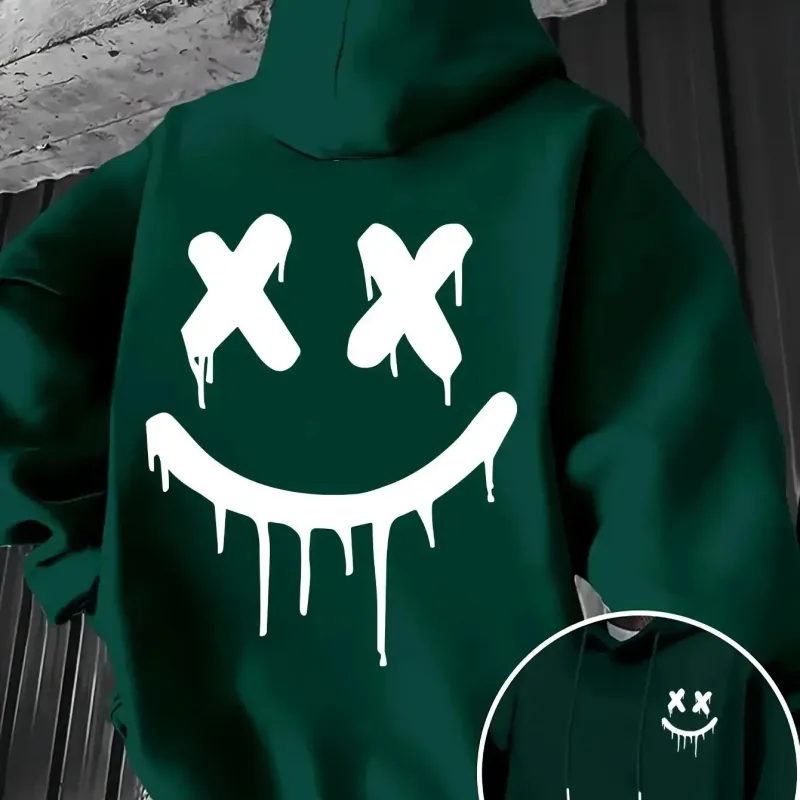 Smiley face print men's and women's autumn winter trendy printed hooded fleece sweatshirt front back casual hoodie