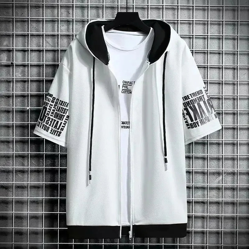 Fashion Men's Hoodies Summer Men Clothing T-shirt Zipper Hood Cartoon Casual T Shirt Print Hooded Top Short Sleeve Men