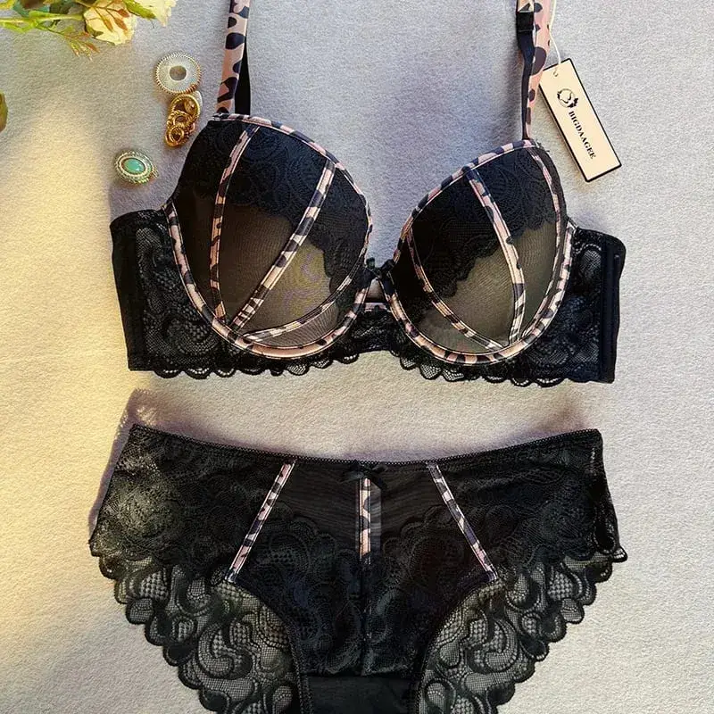 Sexy Women Push Up Bra Europe 3/4 Cup Lace Flowers Embroidery Lingerie Set Leopard Bandage Adjustable Strap Bras Plus Size BCDE