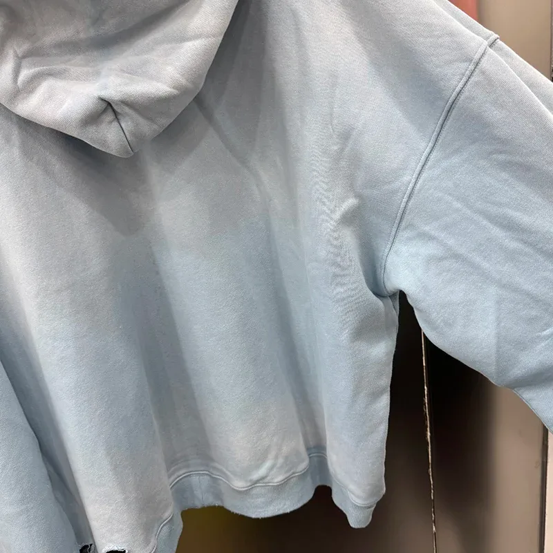Light Blue PALY Letter Crystal Hoodie Ripped Washed Fashion Patch High Street Casual Men Women 1:1 Zipper Sweatshirts